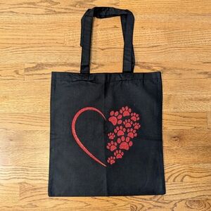 Handmade Paw Print Heart Tote Bag Black Cotton Red Glitter Decal Dog Lover Gift